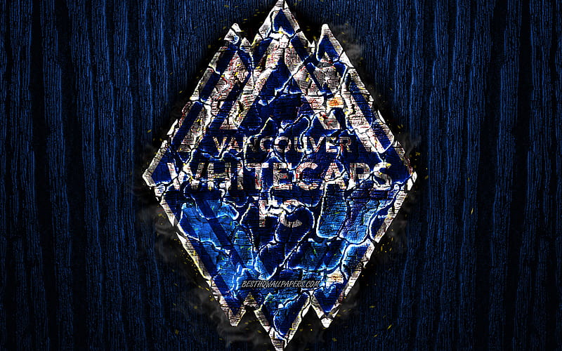 Vancouver Whitecaps FC, scorched logo, MLS, blue wooden background, Western Conference, american football club, grunge, Major League Soccer, football, soccer, Vancouver Whitecaps logo, fire texture, USA, HD wallpaper