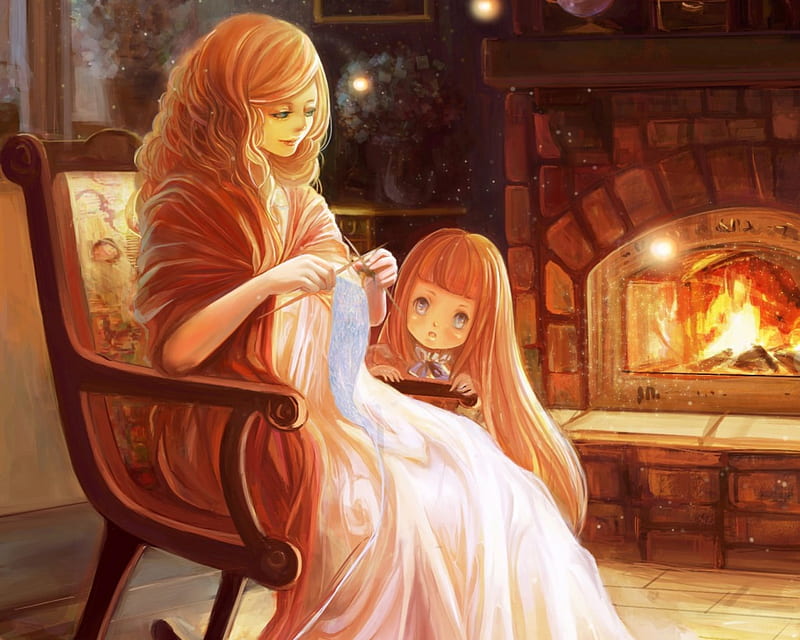 Sweater Knitting, pretty, house, cg, children, adorable, mother, sweet, nice, anime, beauty, anime girl, chair, child, knitting, lovely, knit, happy, cute, fire, wool, family, dress, home, bonito, fireplace, kid, female, daughter, kawaii, girl, parents, fire place, HD wallpaper