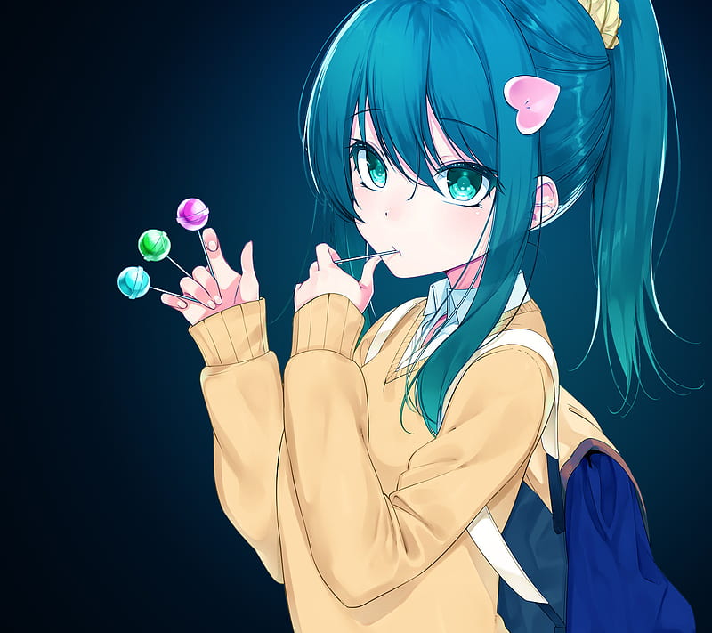 Girl with candy, anime, blue, HD wallpaper