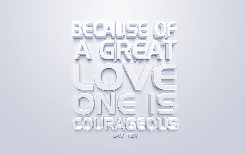 Because of a great love one is courageous, Lao Tzu quotes, white 3d art, quotes about love, popular quotes, inspiration, white background, motivation, HD wallpaper