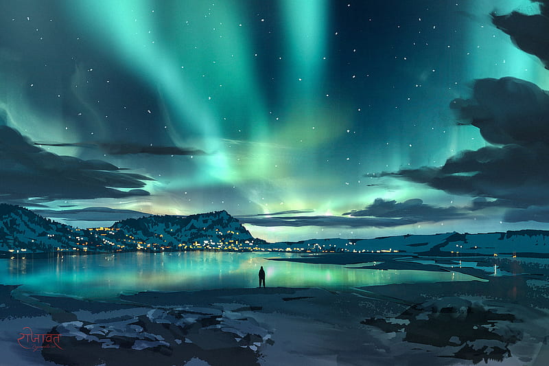 Alone Watching Aurora Borealis, HD wallpaper
