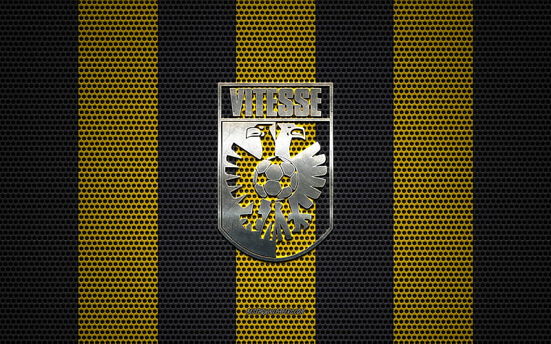 SBV Vitesse logo, Dutch football club, metal emblem, yellow-black metal mesh background, SBV Vitesse, Eredivisie, Arnhem, Netherlands, football, HD wallpaper