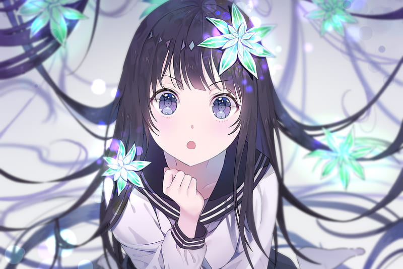 Cute anime girl with long messy black hair and blue-purple eyes