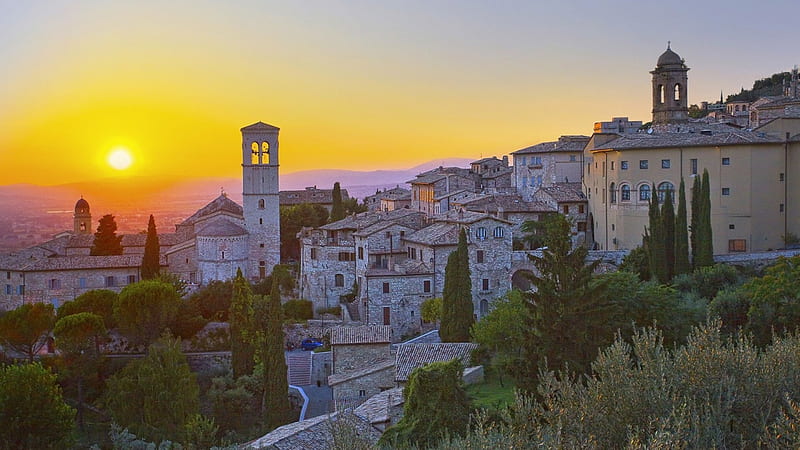 wonderful hillside town of assisi italy at sunset, town, sunset, church, trees, hillside, HD wallpaper