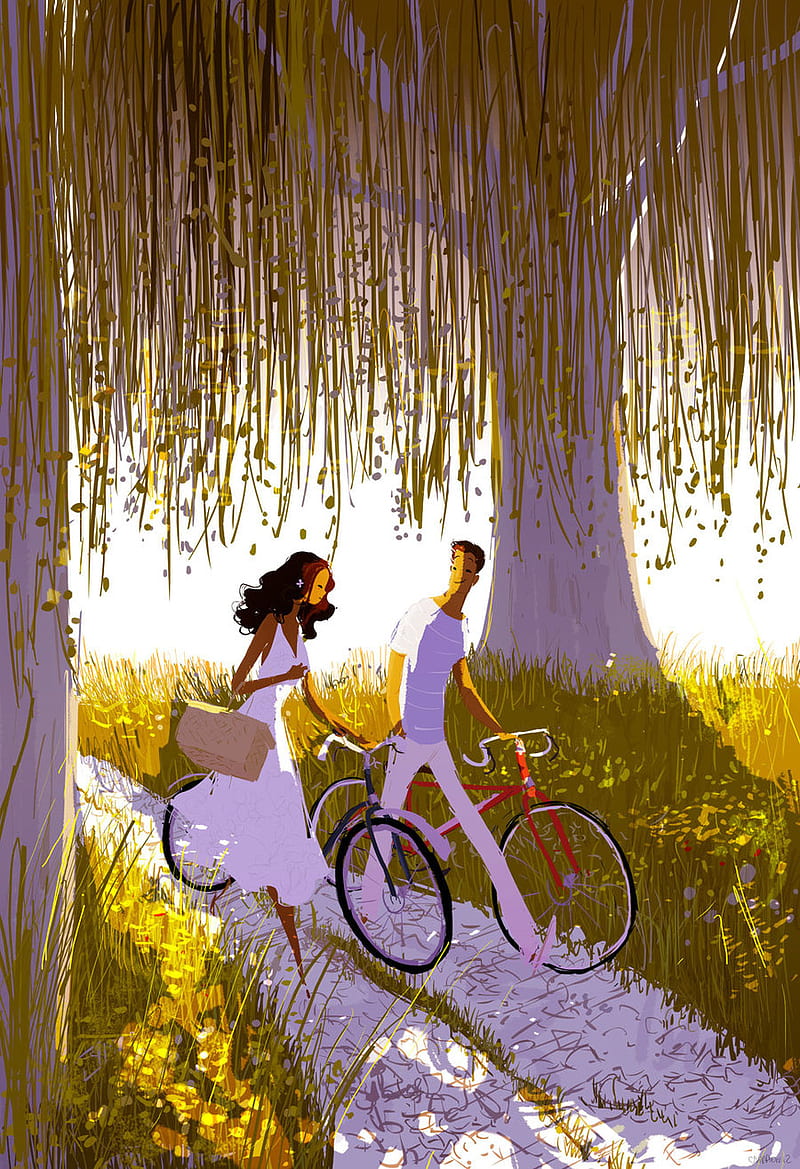 Walking on Park, bicycle, couple, dress, grass, man, tree, woman, HD phone wallpaper