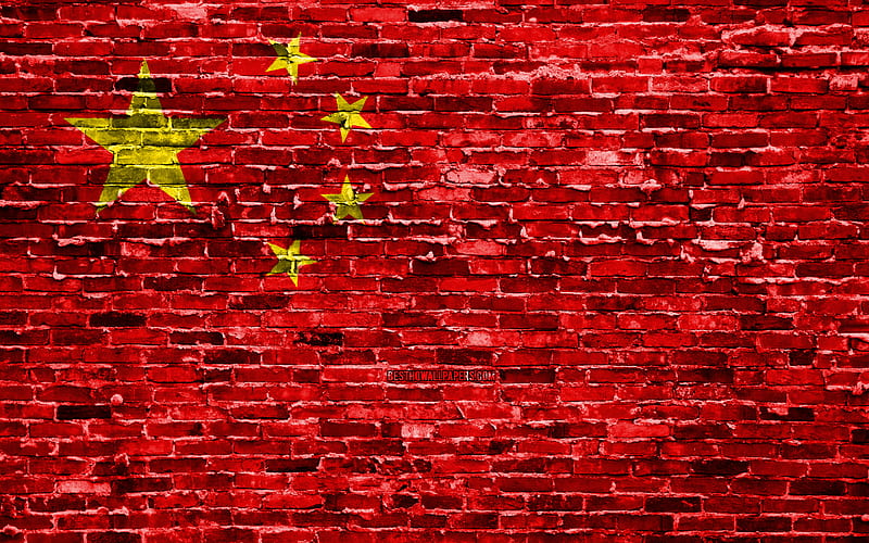 Chinese flag, bricks texture, Asia, national symbols, Flag of China, brickwall, China 3D flag, Asian countries, China, HD wallpaper