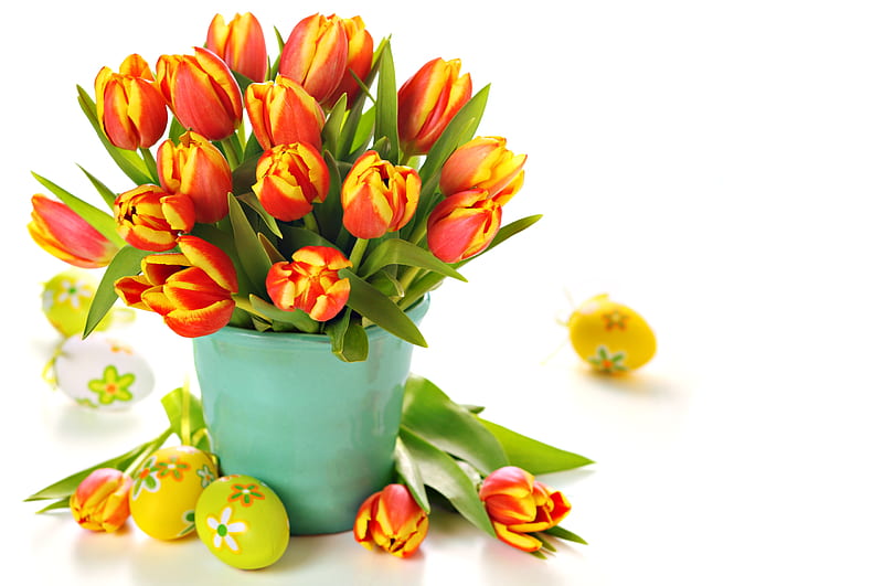 Orange Tulips, pretty, orange, vase, orange tulip, easter, bonito, still life, egg, graphy, flowers, beauty, tulips, tulip, lovely, easter eggs, colors, spring, bouquet, eggs, nature, HD wallpaper