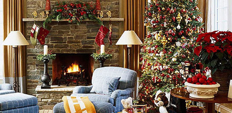 Christmas home decorations, architecture, Christmas, fireplace, decorations, interior, home, HD wallpaper