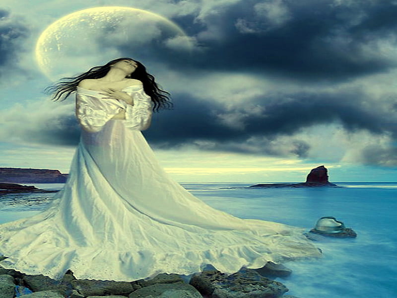 Passion, moon, cloudy sky, ocean, evening, white dress, woman, feelings, HD wallpaper