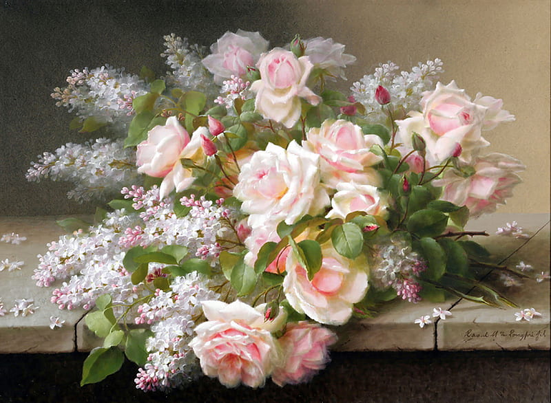 Flowers, lilac, luminos, rose, trandafir, painting, flower, white, pictura, pink, HD wallpaper
