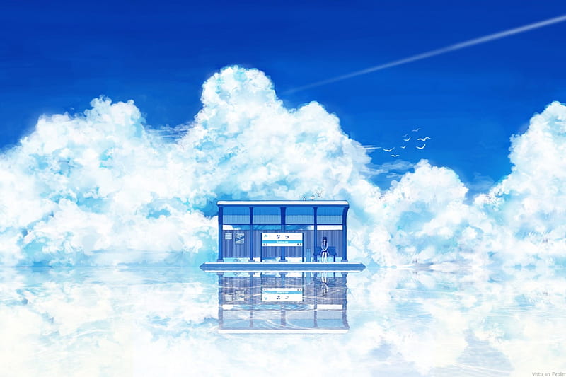 Just waiting, Sky, Clouds, Bus station, Girl, Blue sky, Birds, HD wallpaper