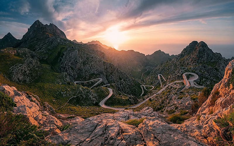 Serra de Tramuntana, Mallorca, Spain, island, peaks, mediterranean, clouds, sky, road, rocks, sunset, HD wallpaper