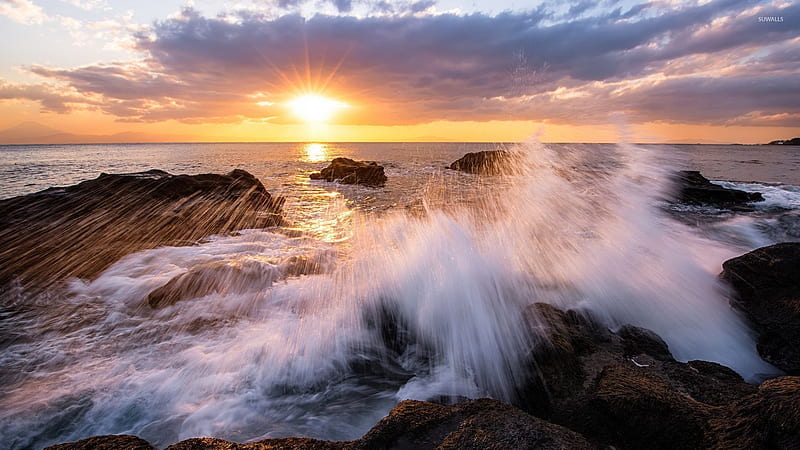 Angry Waves in the Sunset, rocks, beach, nature, sunset, waves, clouds ...