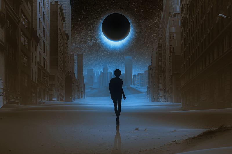 full moon, woman silhouette, buildings, sci-fi, dark street, Fantasy, HD wallpaper