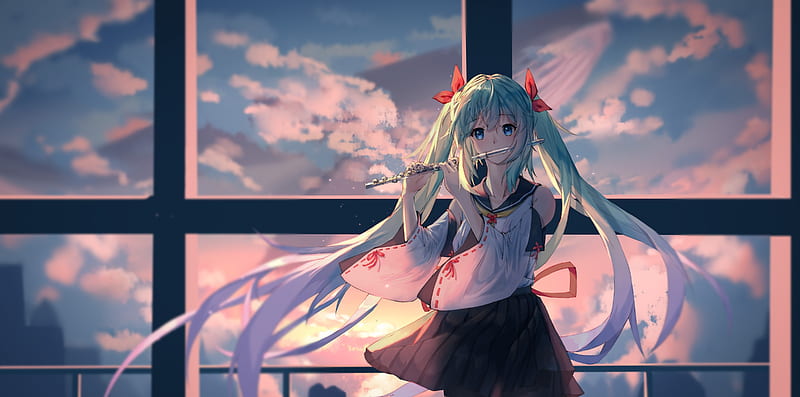 hatsune miku, flute, clouds, instrument, musical, vocaloid, scenery, twintails, Anime, HD wallpaper