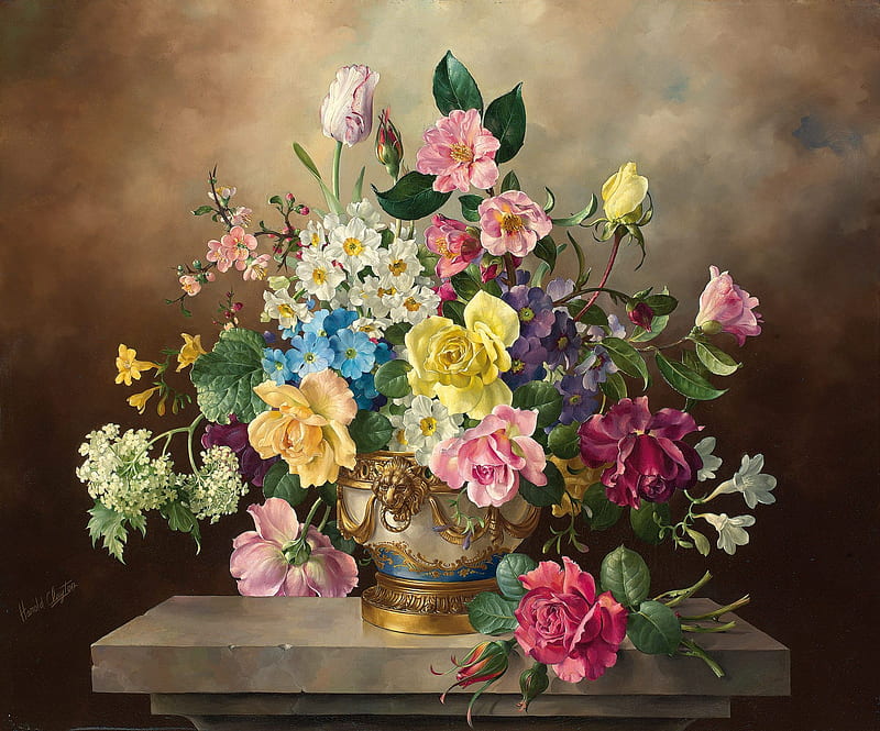 Flowers, rose, harold clayton, yellow, flower, vase, pink, art, still life, painting, pictura, HD wallpaper
