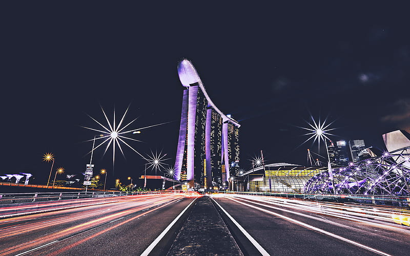 Marina Bay Sands highways, nightscapes, modern architecture, Singapore, Marina Bay at night, HD wallpaper
