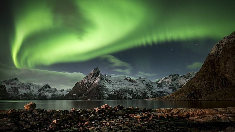 sea, north, night, northern lights, mountains, norway, HD wallpaper