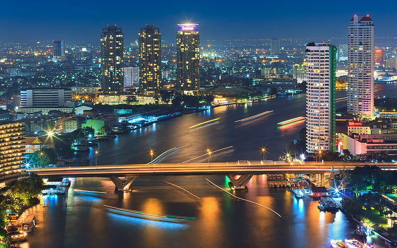 Bangkok, skyscrapers, river, bridge, night, modern buildings, Bangkok panorama, Bangkokcityscape, Thailand, HD wallpaper
