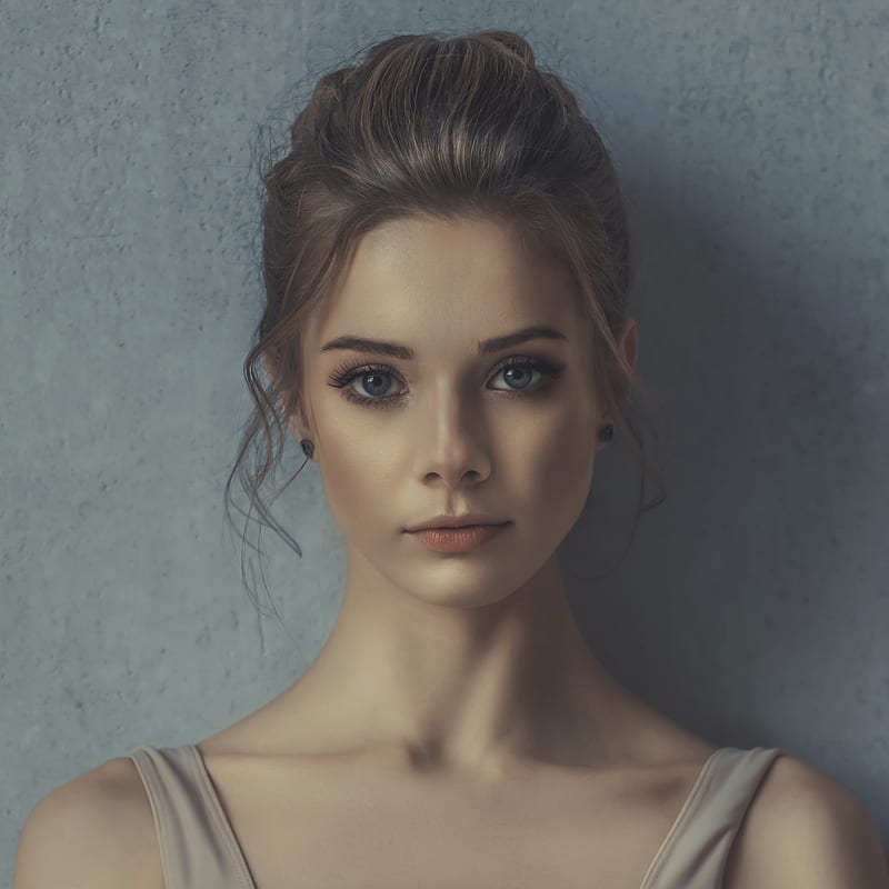 Levente Szabó, women, brunette, hairbun, portrait, makeup, eyeliner, blue eyes, jewelry, earring, looking at viewer, wall, young woman, closed mouth, Victoria Popova, Victoria, HD phone wallpaper