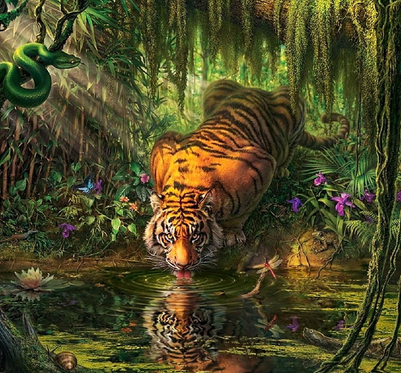 Mystical tiger'....., mystical, jungle, tiger, snake, HD wallpaper | Peakpx