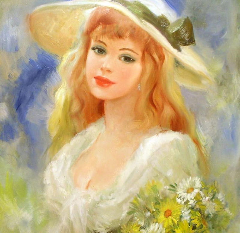 painting, art, lady, hat, HD wallpaper