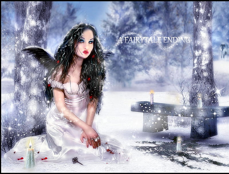 A FAIRYTALE ENDING, sno, beautiful , winter 2014, fairytale, gothic, wolf in woods, pure, winterwonderland, trees, digital drawing , magical scenes, wingsmagical, girl in white dress, snow, snowingincanada, wolf, white, holiday , landscape, canada, model walppaer, red, snowscene, dress, fairytae , fantasy , gothic girl, pale and interesting, winter , fairytale girl, gothic , blue, outside, white woods, angel, sparkles, candles, dressed in white, dark, snowwolf, angel wallappwr, nature, ivy, pretty, HD wallpaper