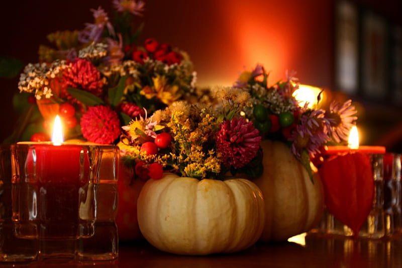 Autumn Glow, Fall, gourds, candles, still life, Thanksgiving, berries, flowers, Autumn, pumpkins, HD wallpaper