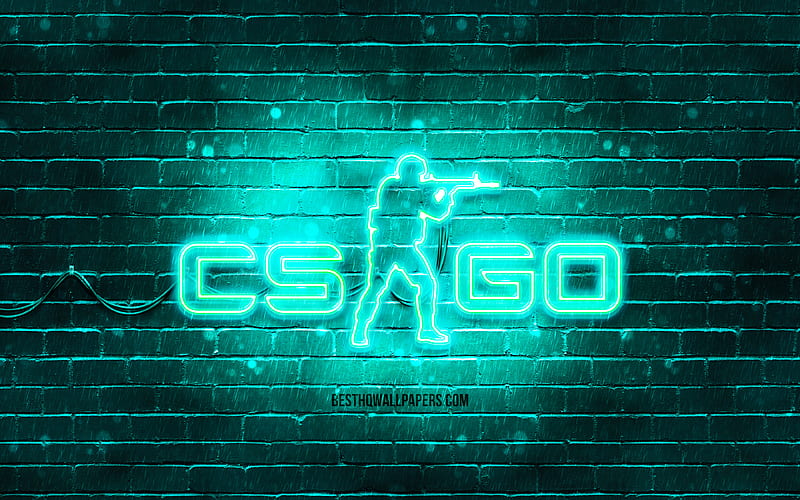 CS Go turquoise logo turquoise brickwall, Counter-Strike, CS Go logo, 2020 games, CS Go neon logo, CS Go, Counter-Strike Global Offensive, HD wallpaper
