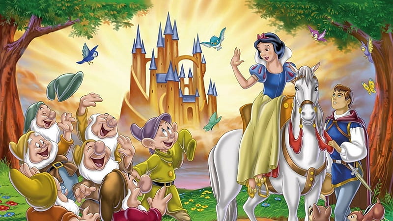 Snow White and the Seven Dwarfs, fantasy, girl, prince, princes, horse, princess, disney, gnome, cal, dwarf, HD wallpaper