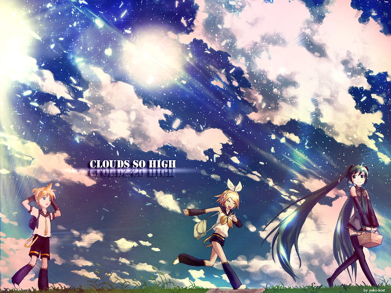 Clouds so High, len, sun, hatsune miku, tie, bow, clouds, thighhighs, yellow hair, anime, vocaloids, kagamine len, blue eyes, vocaloid, kagamine rin, twintail, skirt, miku, sky, hatsune, rin, blue hair, basket, meadow, shiny, HD wallpaper