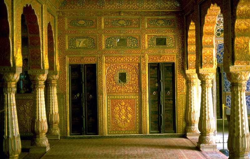 Palace Interior Bikane, pillars, yellow, arches, palace, HD wallpaper