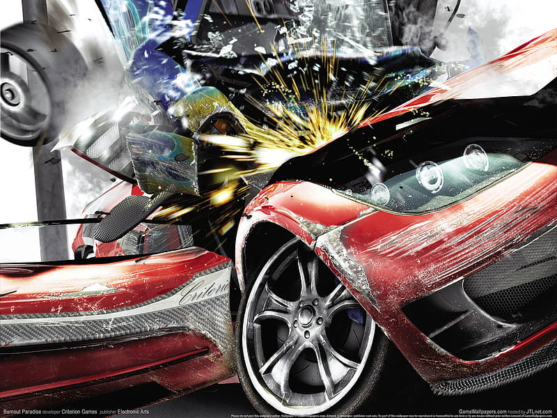 COLLISION , stunt, red, race, burnout paradise, damage, accident, video game, game, racing, speed, hit, fast, chasing, broken, danger, carros, collision, HD wallpaper