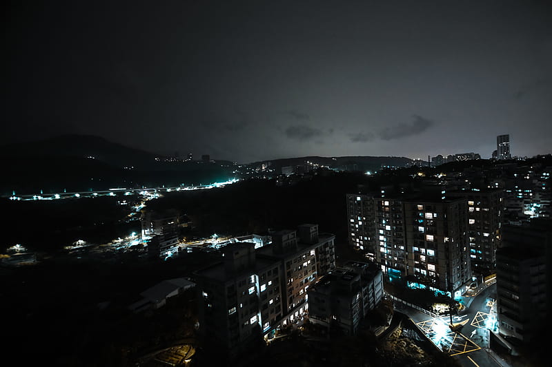 night city, city lights, aerial view, buildings, night, HD wallpaper