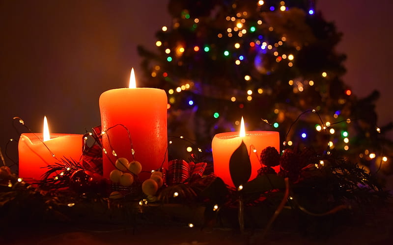 Christmas Candles, red, Christmas, lights, candles, HD wallpaper
