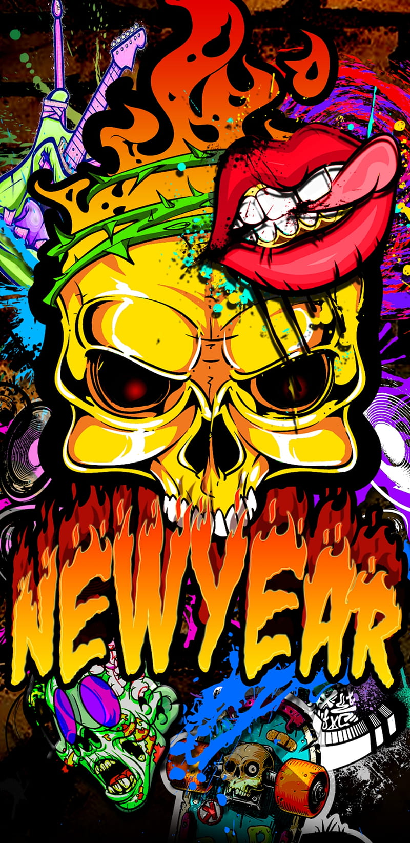 Newyear19, graffiti, new years, skull, colourful, metal, HD phone wallpaper