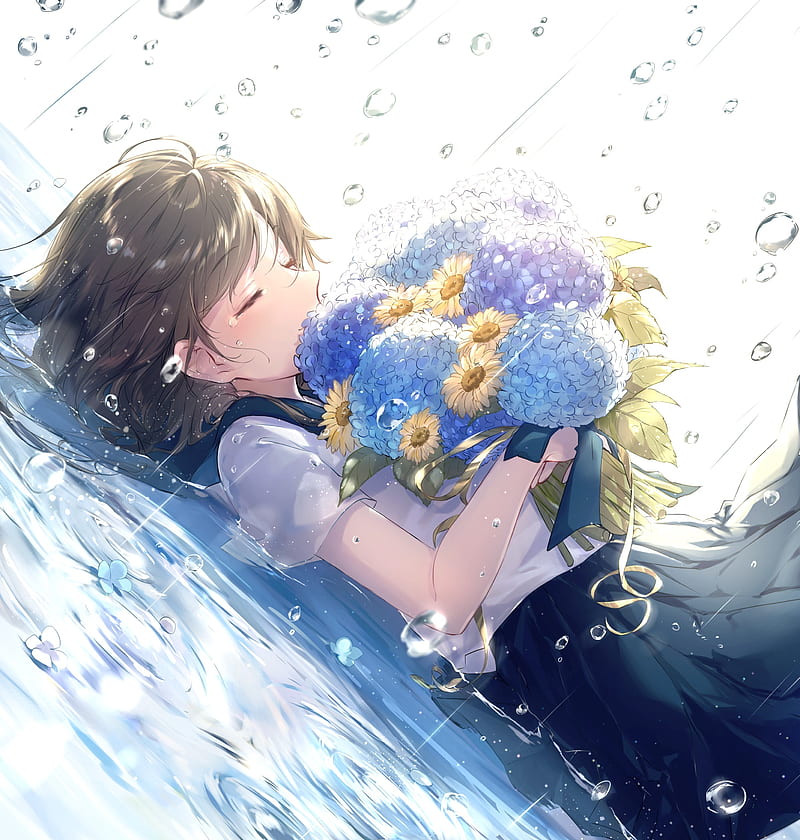 anime school girl, lying down, flower bouquet, closed eyes, water bubbles, Anime, HD phone wallpaper