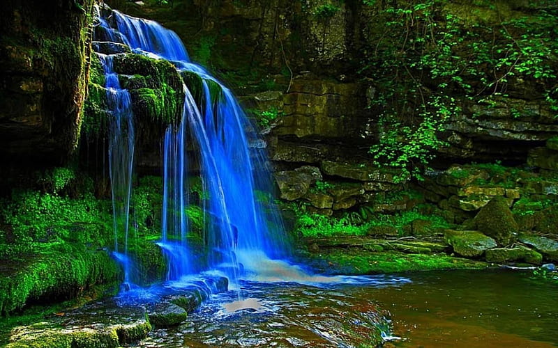 Deep in the forest, rocks, grass, lush, waterfalls, water, green, bright-blue, rainforest, nature, hidden, HD wallpaper