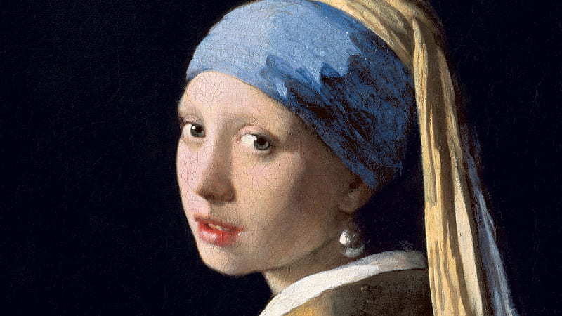 The girl with a pearl earring, johannes vermeer, art, pearl, girl, painting, portrait, earring, blue, HD wallpaper