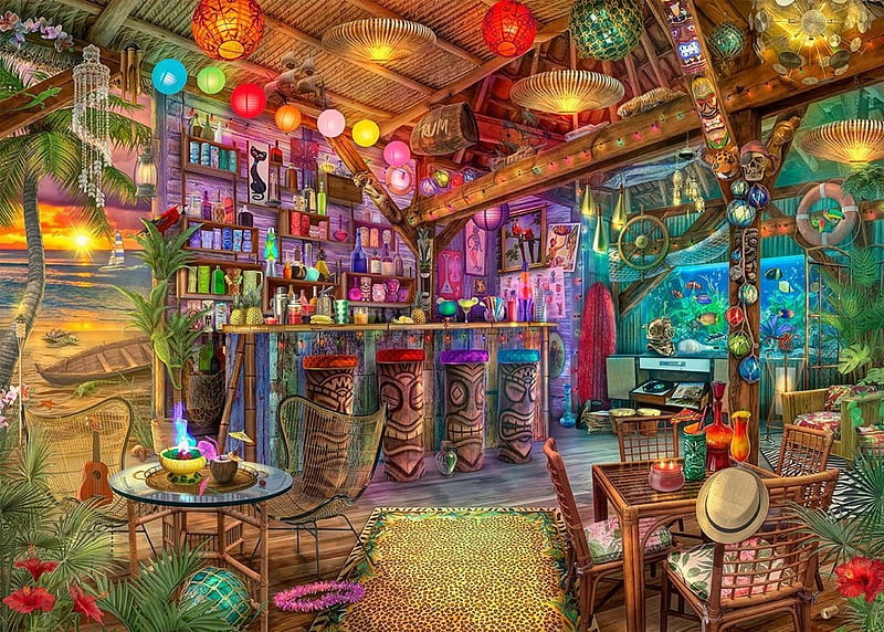 Tikki bar, bar, art, colorful, vara, summer, aimee stewart, tikki, HD wallpaper