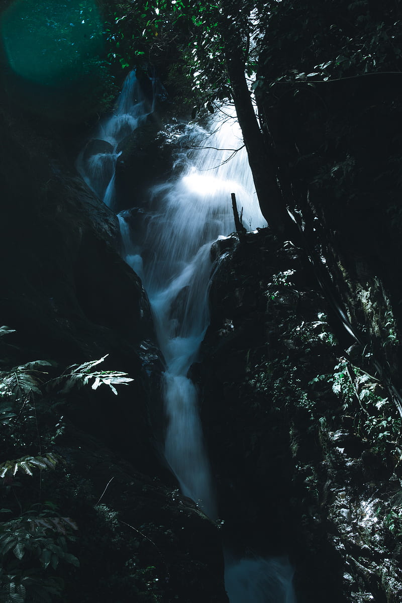 Waterfalls, blue, colors, dark, dream, falls, greens, moody, water, waterfall, HD phone wallpaper