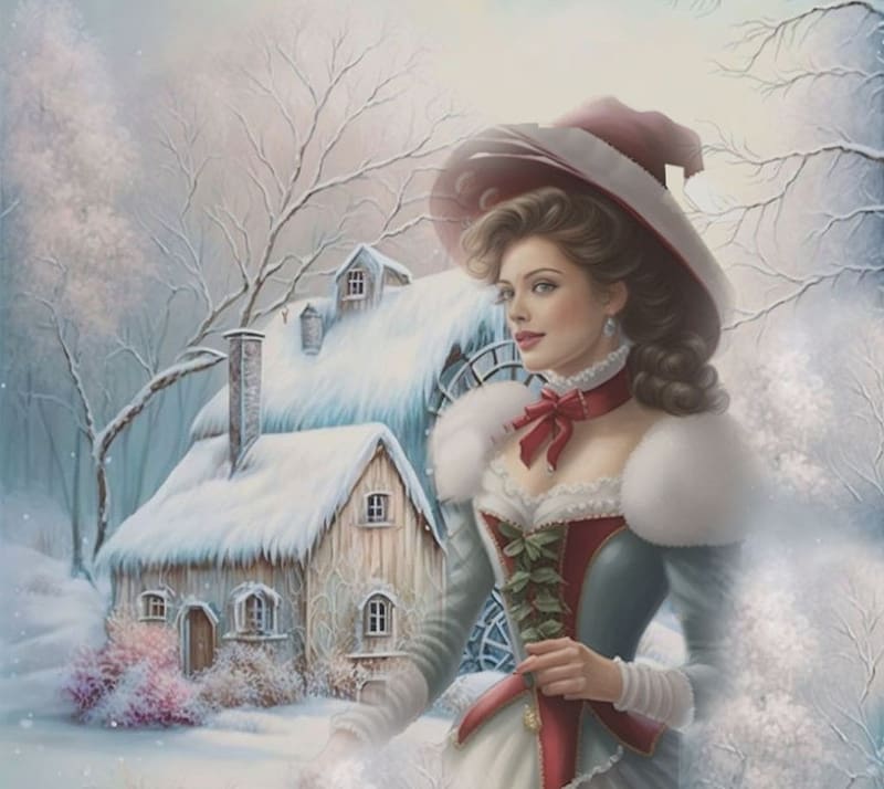 Victorian Christmas girl in snowy fog, colorful, white, vibrant, Victorian, house, girl, dress, fog, vivid, Christmas, bright, snow, red, green, bold, hat, HD wallpaper