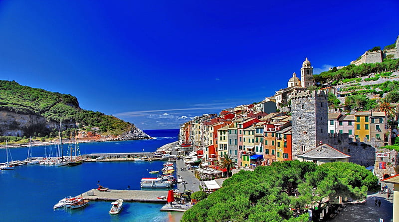 spectacular town of porto venere italy, clear, town, sky, hill, docks, harbor, HD wallpaper