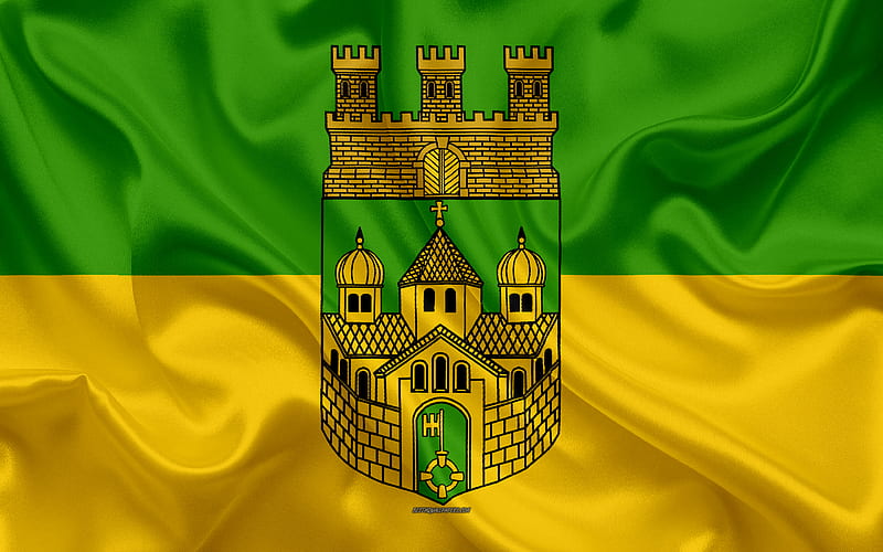 Flag of Recklinghausen silk texture, yellow green silk flag, coat of arms, German city, Recklinghausen, North Rhine-Westphalia, Germany, symbols, HD wallpaper