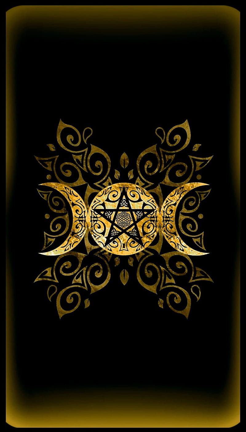 TripleGoddess gold, black, maidenmothercrone, ornate, pentagram, triplemoon, wicca, wiccan, witch, HD phone wallpaper