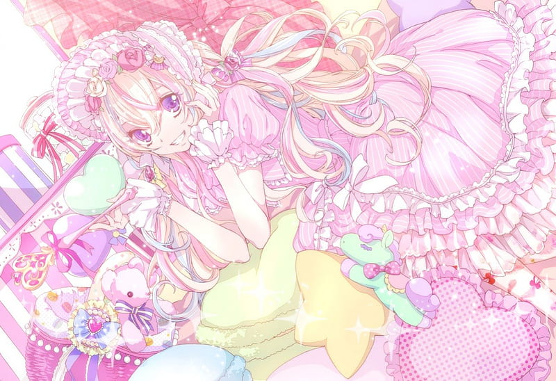 Welcome To My World!!, dress, blonde, gloves, girly, anime, lolita fashion, flowers, long hair, pink, pillows, HD wallpaper