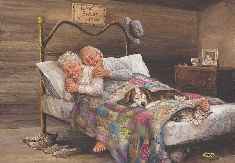 No place like home, art, sleep, caine, cat, old, bed, grandmother, painting, dianne dengel, room, pictura, couple, pisica, dog, grandfather, HD wallpaper