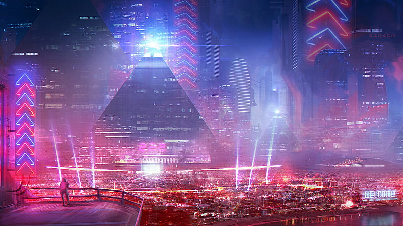 futuristic neon city, lights, towers, pyramid, skyscrapers, Sci-fi, HD wallpaper