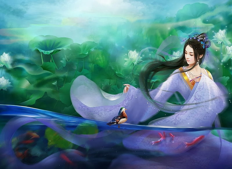 Fantasy girl, luminos, fish, pasare, water, girl, green, purple, bird, summer, asian, mandarin duck, blue, HD wallpaper