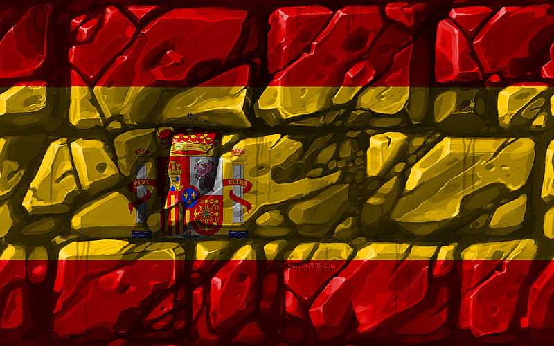 Spanish flag, brickwall European countries, national symbols, Flag of Spain, creative, Spain, Europe, Spain 3D flag, HD wallpaper